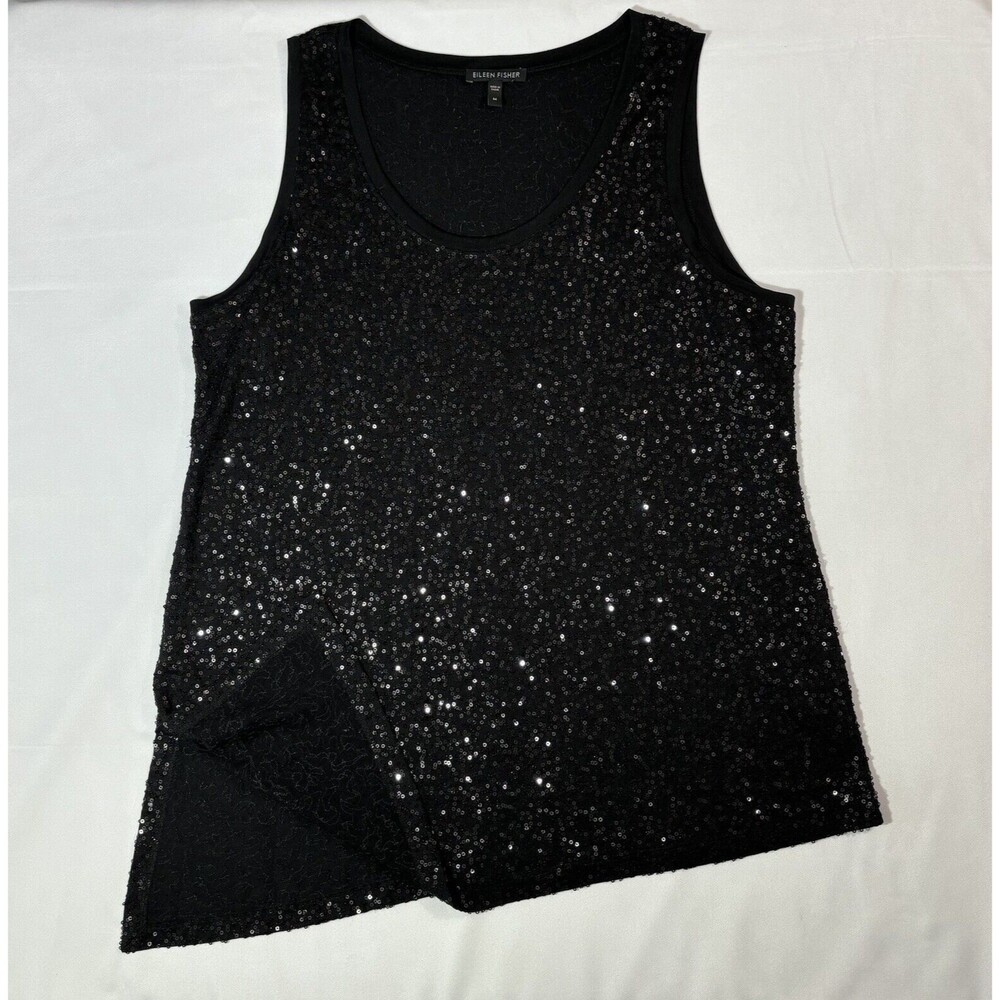 Eileen Fisher Woman 100% Silk Sequin Sleeveless Asymmetrical Black Tank Size M